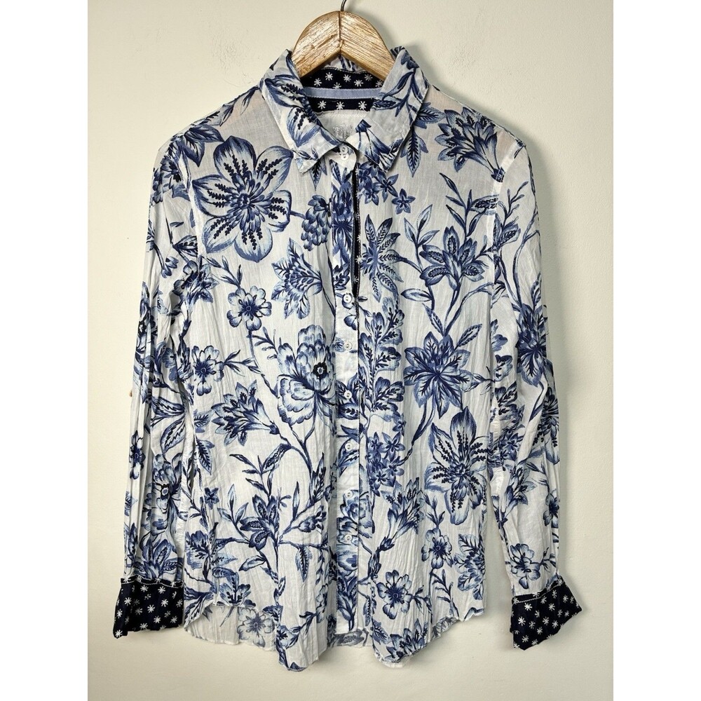 Cino Cotton Floral Button Down Women’s XL Cuffed Boho Coastal Light India